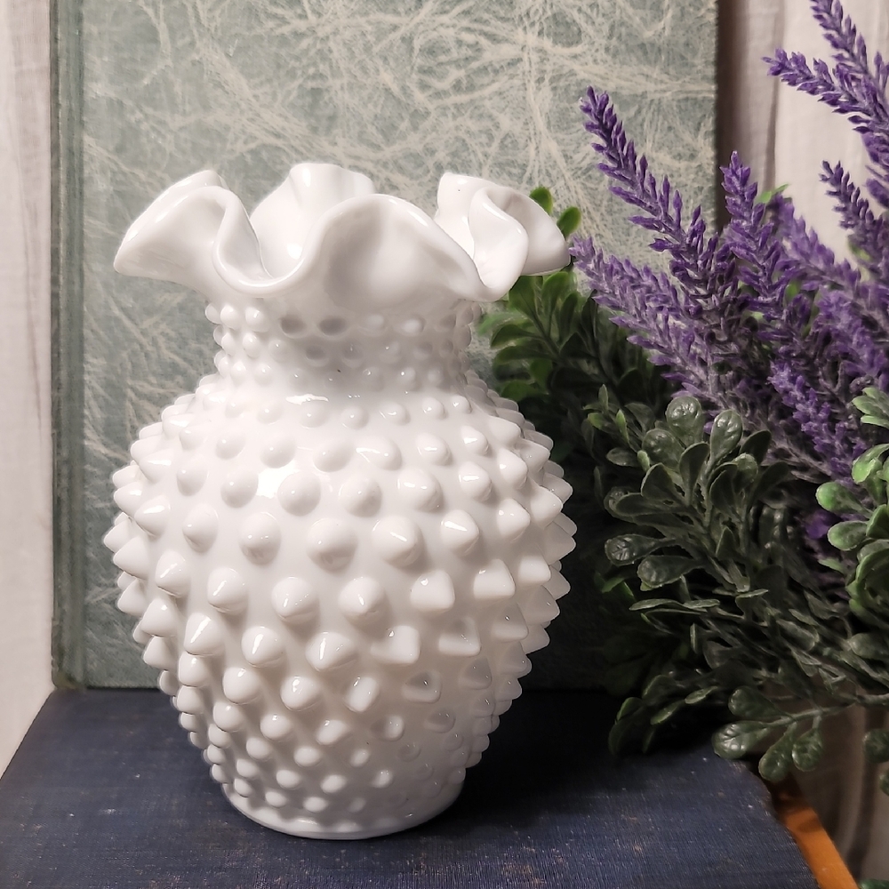 Vintage Fenton White Hobnail Milk Glass Crimped Edge Vase